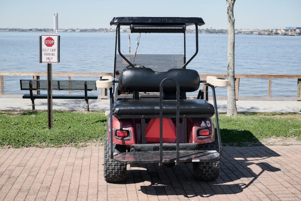 Rear angle of a golf cart with new tires